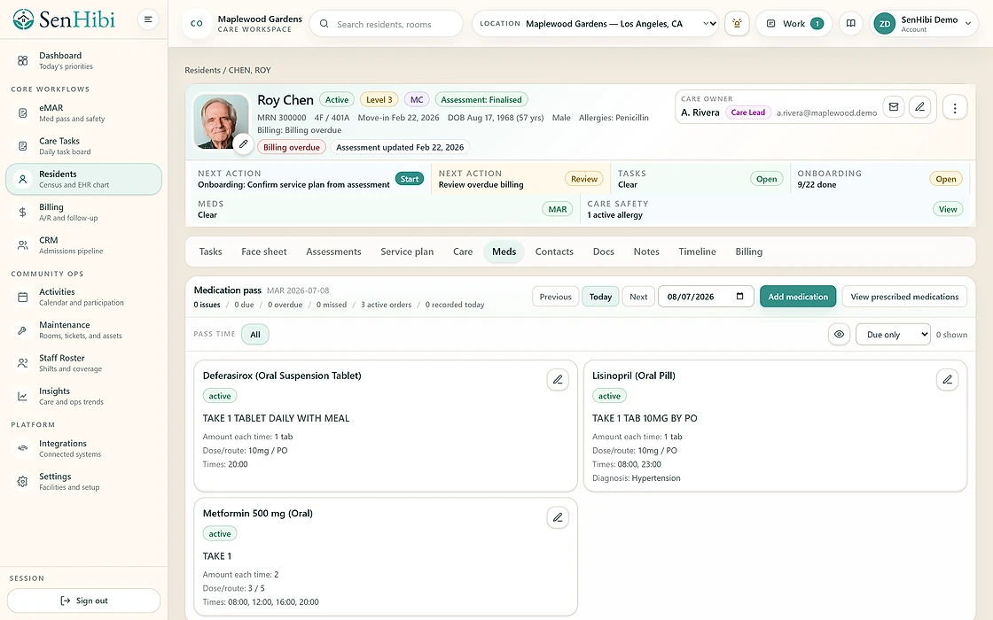 Resident chart with medication orders and eMAR pass