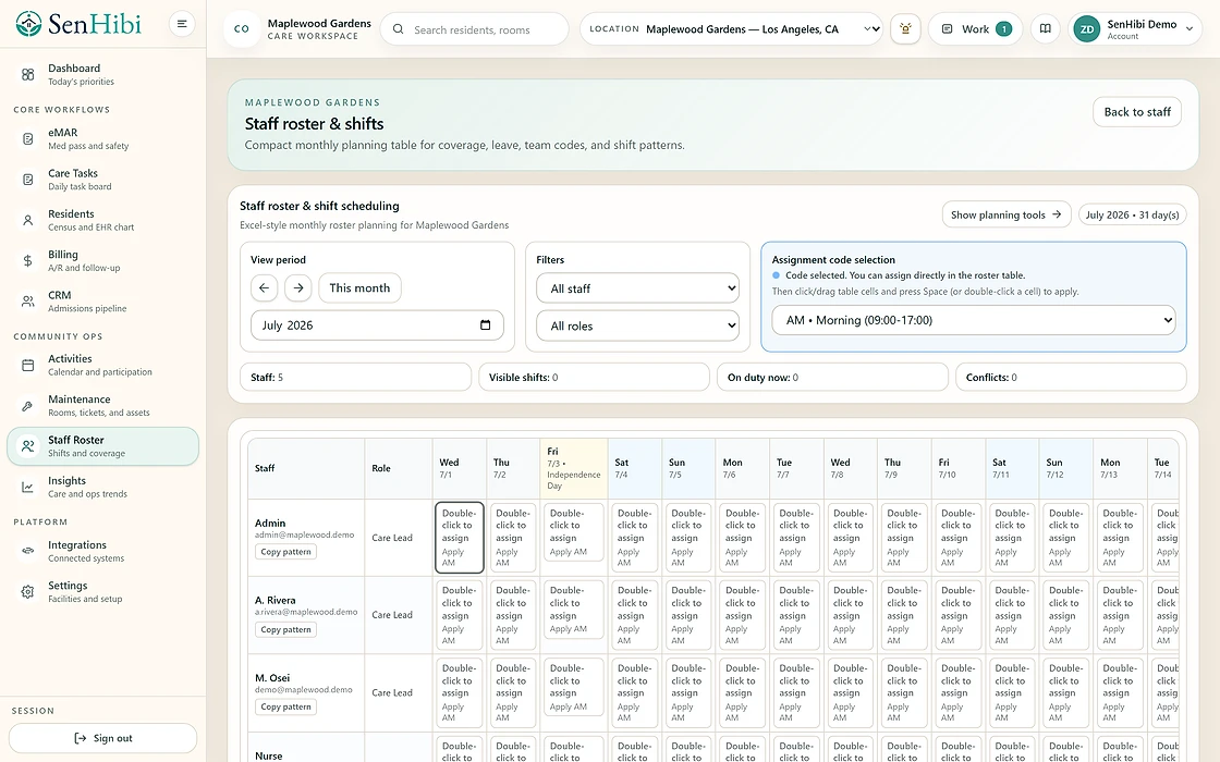 Staff roster and shift scheduling view